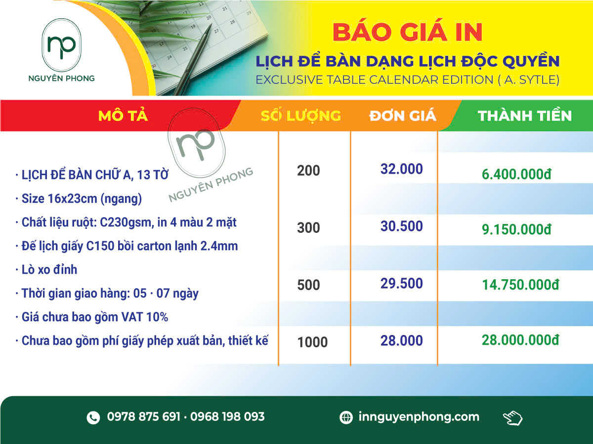Bảng giá in lịch Tết tham khảo